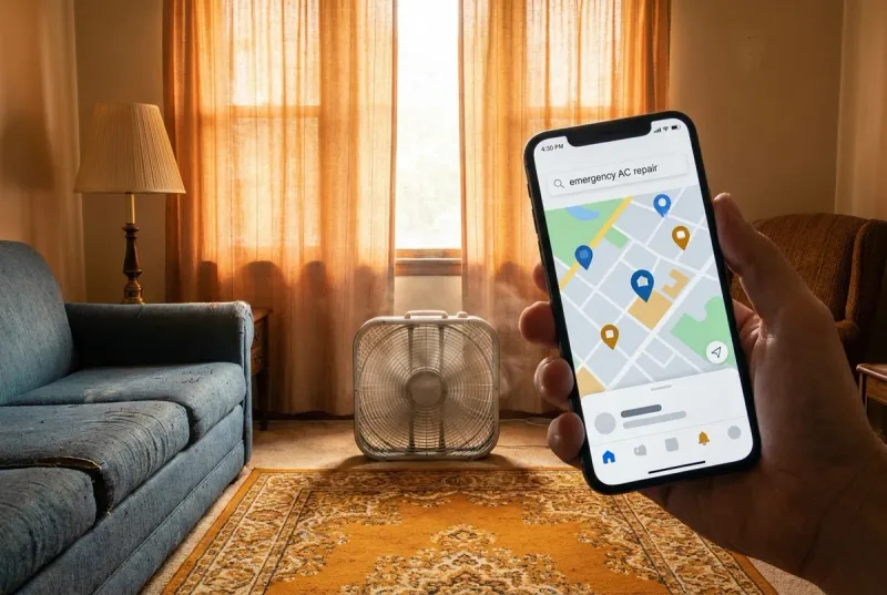 homeowner searching for emergency AC repair on a phone in a hot living room