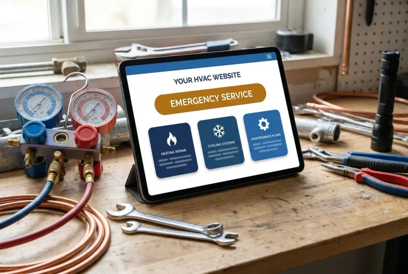 HVAC contractor website with an emergency service button shown on a tablet at a workbench