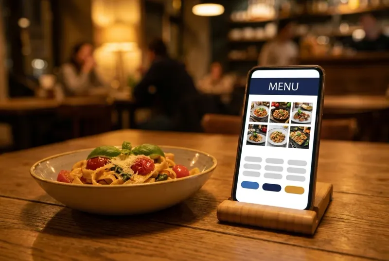 restaurant website menu page on a phone beside a plated pasta dish