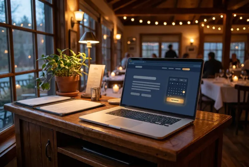 restaurant website reservation calendar on a laptop at a host stand