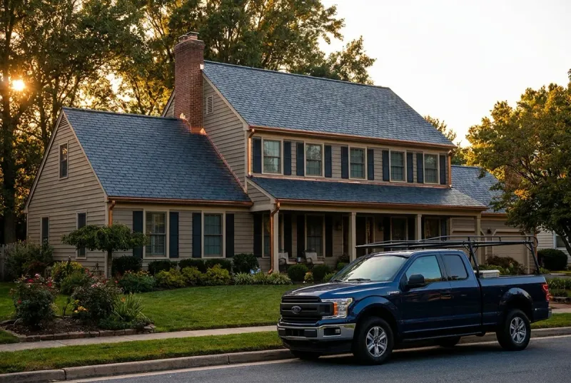 newly completed shingle roof on a suburban home with a roofing work truck at the curb