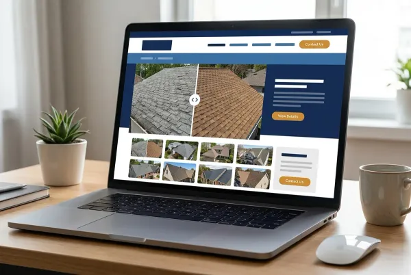 roofing website design with a before-and-after project gallery shown on a laptop