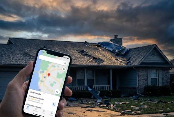 homeowner searching for an emergency roofer on a phone in front of a storm-damaged roof