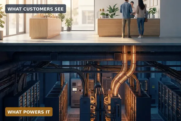 cutaway of a calm storefront above a glowing basement engine room of servers powering it