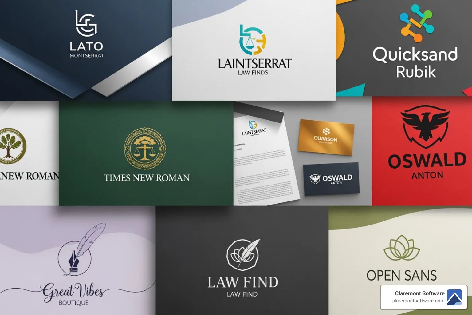 A collage of diverse, unique law firm branding examples, showing different color schemes, typography, and imagery that convey distinct firm personalities. - websites for lawyers