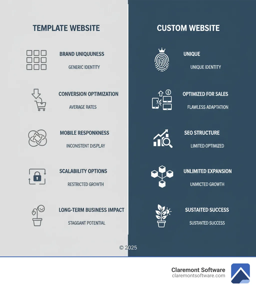 infographic showing side-by-side comparison of template website versus custom website, highlighting differences in brand uniqueness, conversion optimization, mobile responsiveness, SEO services structure, scalability options, and long-term business impact - custom websites for small businesses infographic 