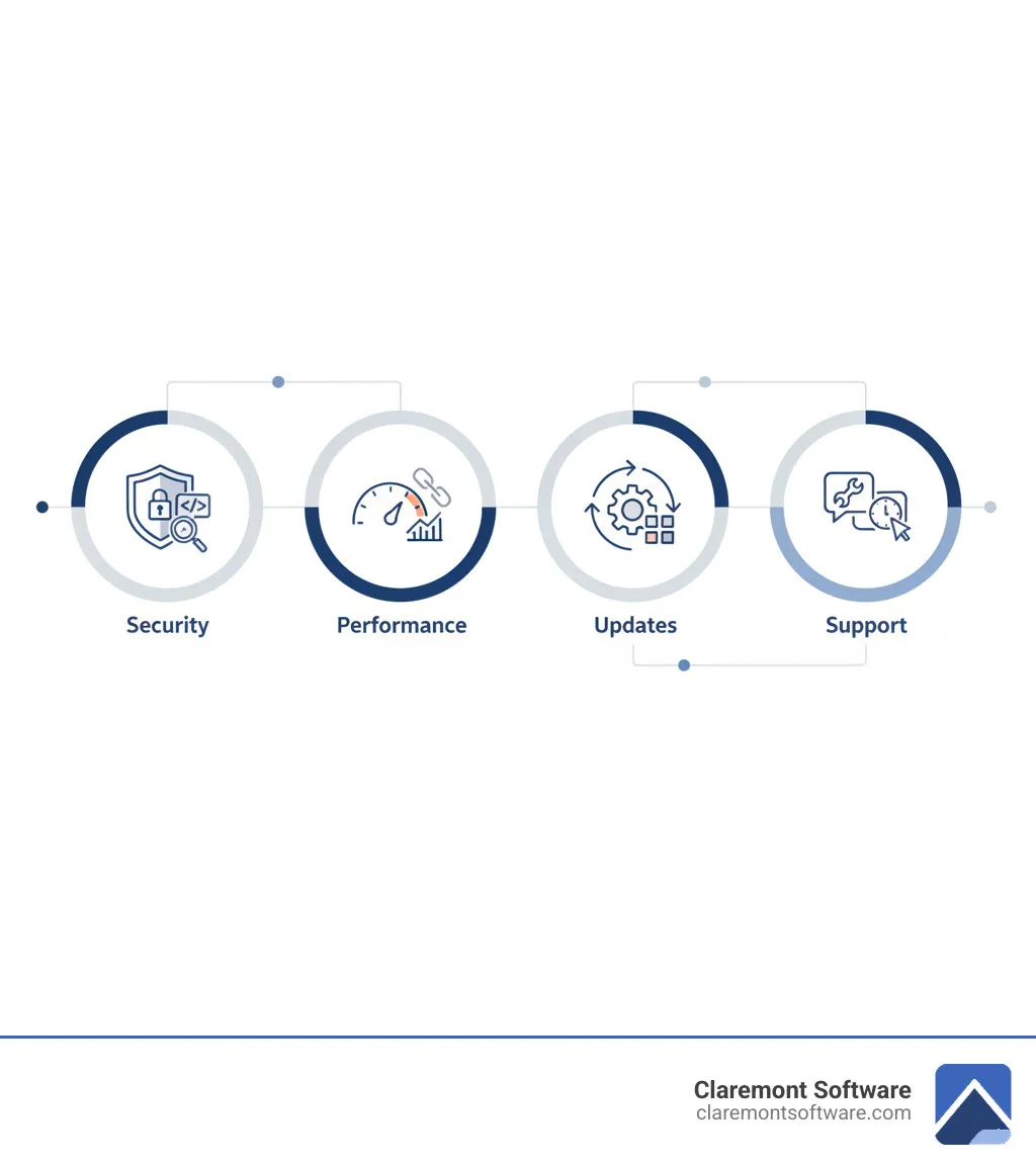 Infographic showing the four pillars of website maintenance: Security (malware scans, firewalls, patches), Performance (speed optimization, uptime monitoring, broken links), Updates (CMS core, plugins, themes), and Support (included hours, content changes, troubleshooting) - monthly website maintenance packages infographic 