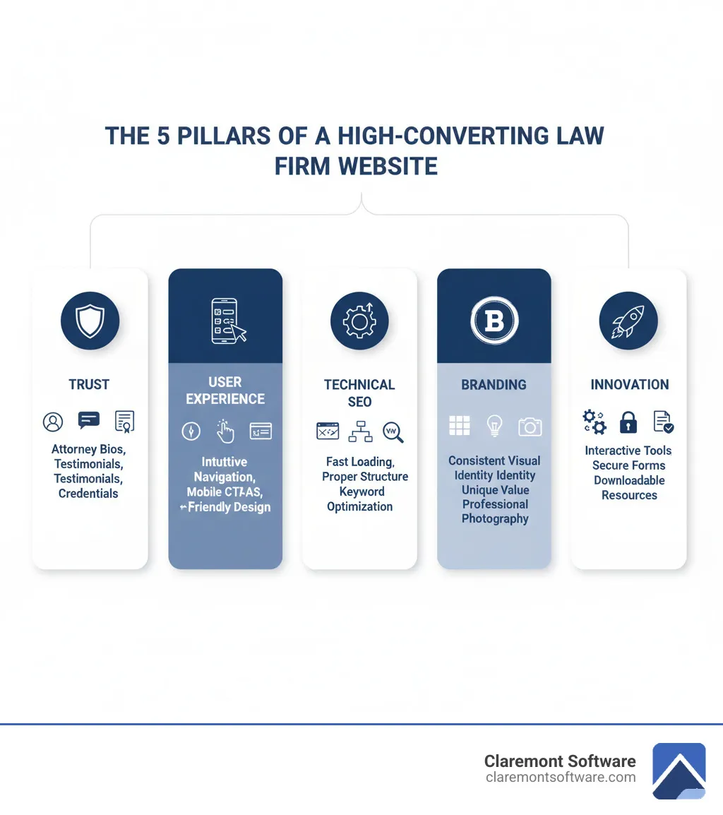 Infographic showing the 5 pillars of a high-converting law firm website: Trust (attorney bios, testimonials, credentials), User Experience (intuitive navigation, clear CTAs, mobile-friendly design), Technical SEO (fast loading, proper site structure, keyword optimization), Branding (consistent visual identity, unique value proposition, professional photography), and Innovation (interactive tools, secure forms, downloadable resources) - websites for lawyers infographic 