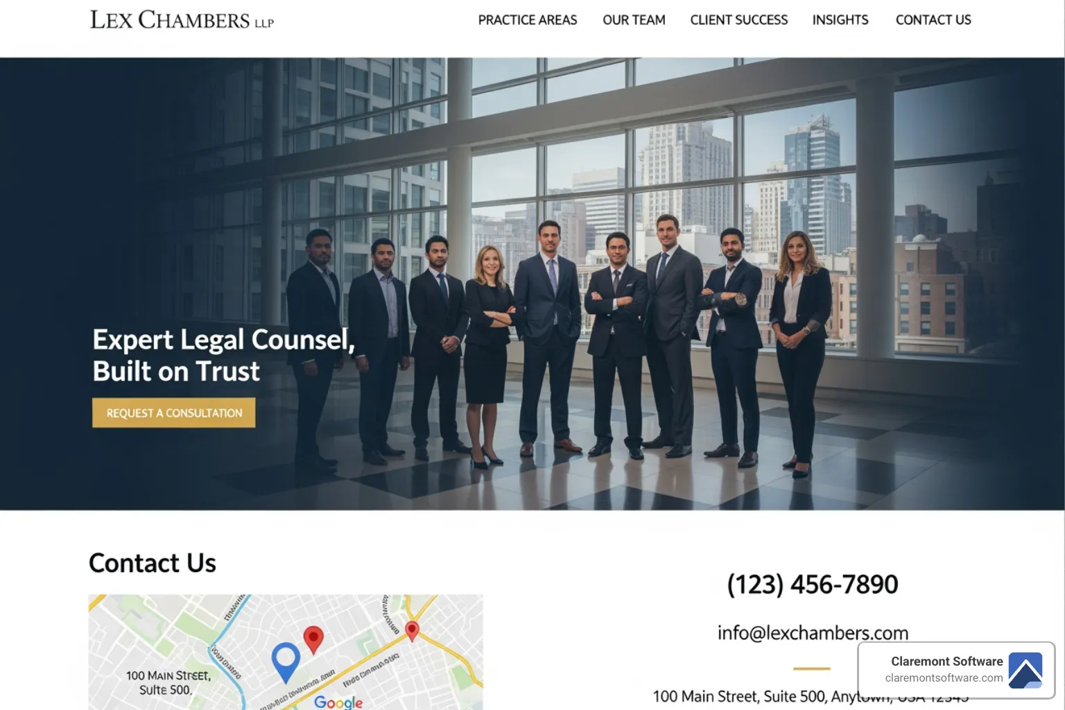 A clean and easy-to-navigate law firm homepage layout with clear navigation, prominent contact information, and a professional hero image. - websites for lawyers