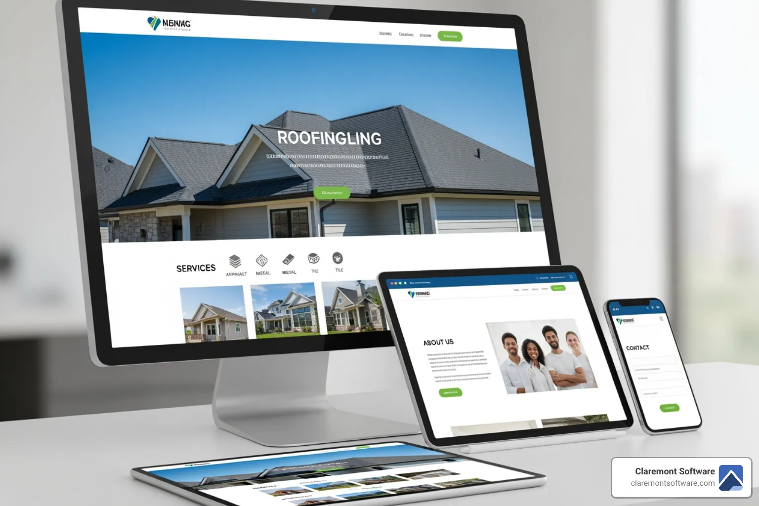 modern roofing company website on laptop and smartphone - roofing company website design
