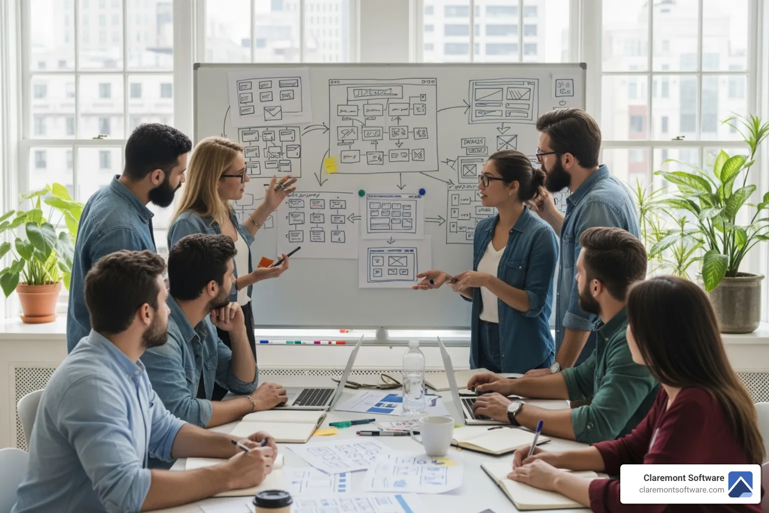 team collaborating around a whiteboard with website wireframes - hiring a professional website development company