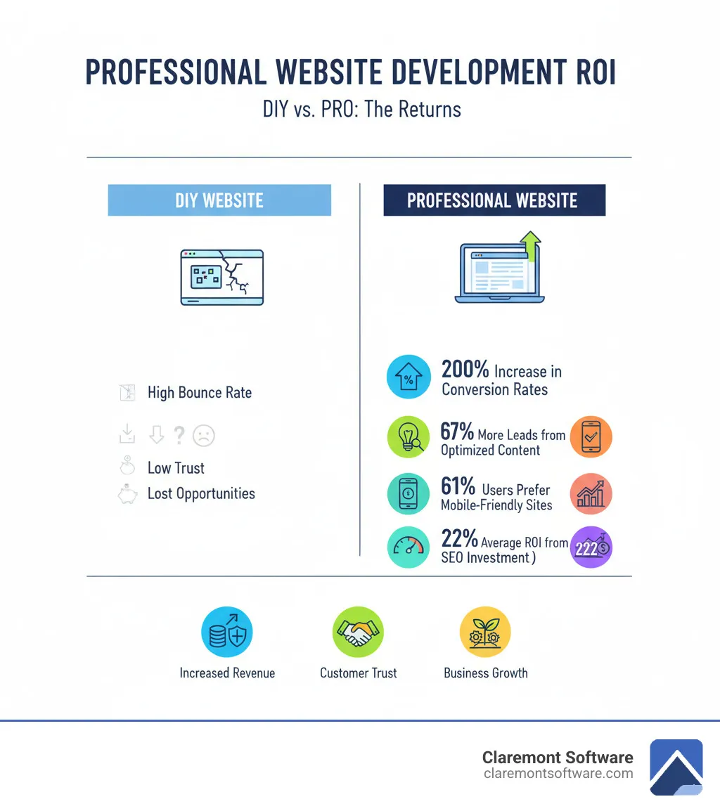 infographic showing the ROI of professional website development: displays a comparison between DIY websites versus professionally developed sites, including metrics like 200% increase in conversion rates, 67% more leads from optimized content, 61% of users preferring mobile-friendly sites, 22% lower bounce rate for fast-loading sites, and average ROI of 222% from SEO optimization investment, with visual icons representing increased revenue, customer trust, and business growth - hiring a professional website development company infographic 