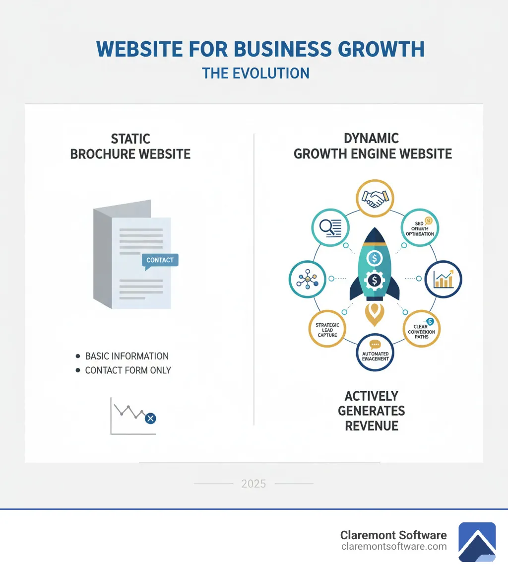 Infographic comparing a static brochure website versus a dynamic growth engine website, showing key differences: Brochure site has basic information and contact form only, while Growth Engine includes strategic lead capture, SEO optimization optimization, CRM integration, automated engagement, performance analytics, and clear conversion paths that actively generate revenue - website for business growth infographic 
