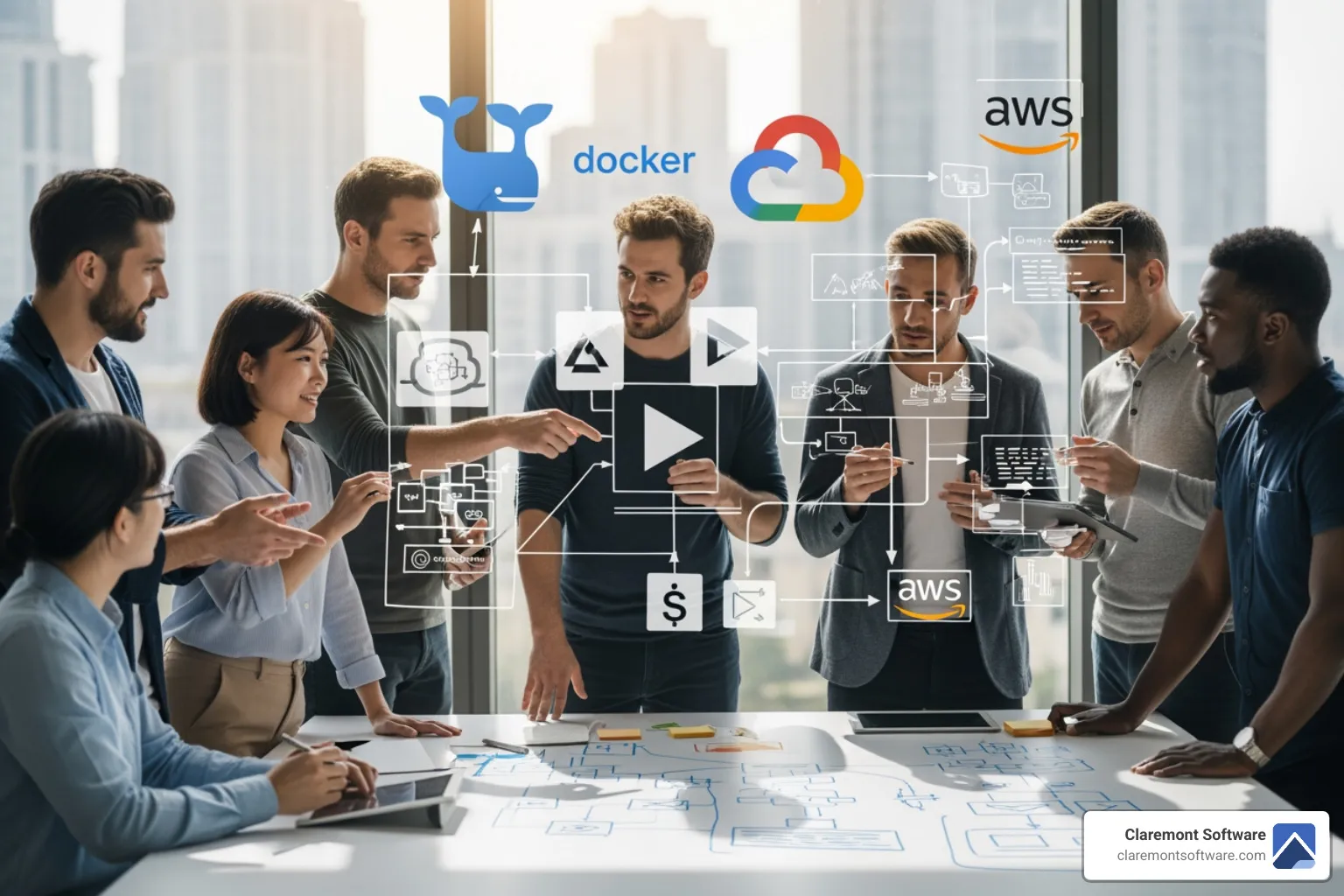 Development team collaborating around a whiteboard with modern tech logos - The Best Mobile App Development Companies in Illinois
