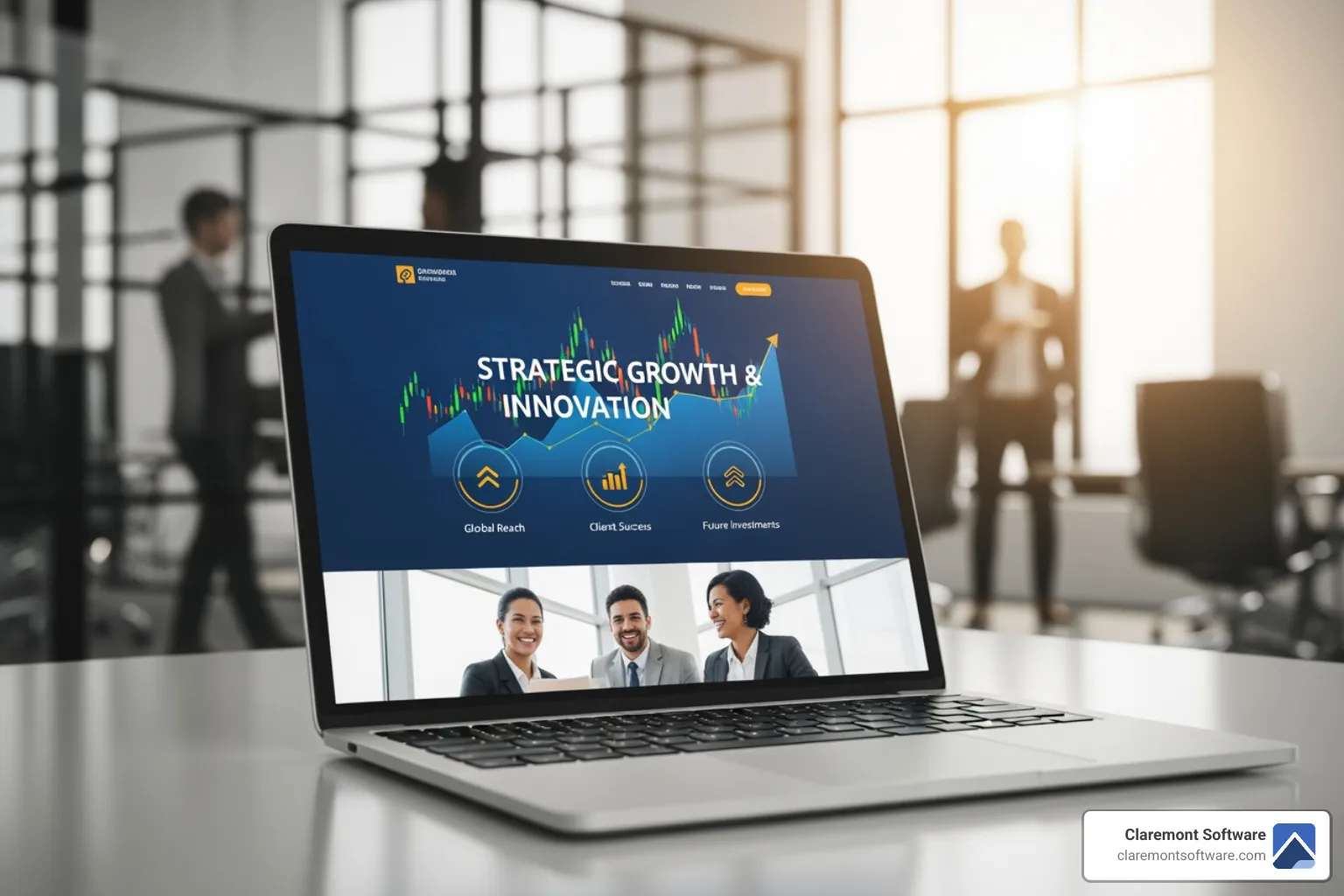 A thriving business with a polished website displayed on a laptop in the foreground, representing growth and success. - monthly website maintenance packages