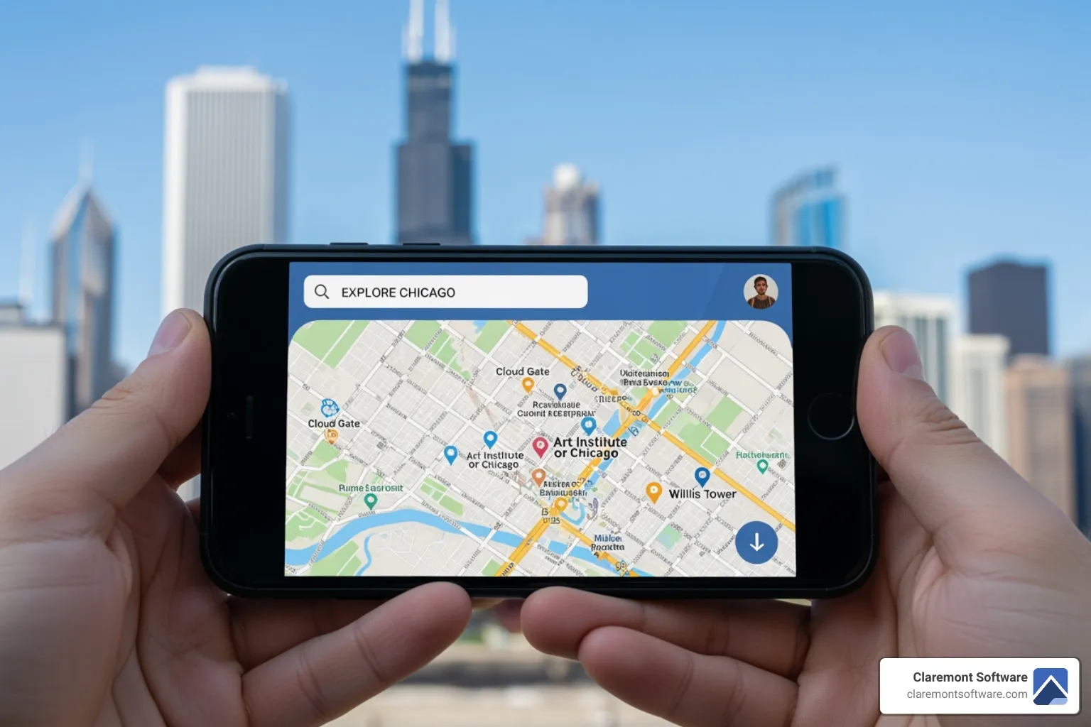 mobile app on phone with Chicago skyline - The Best Mobile App Development Companies in Illinois