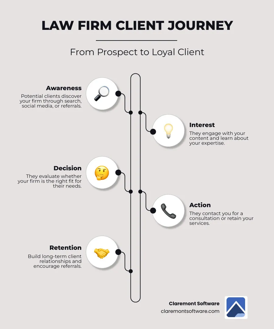 infographic showing the four-stage sales funnel for law firms: Awareness stage with search and social media icons, Interest stage with content and engagement symbols, Decision stage with evaluation criteria, and Action stage with contact forms and consultation booking - how lawyers get more website leads infographic infographic-line-5-steps-elegant_beige