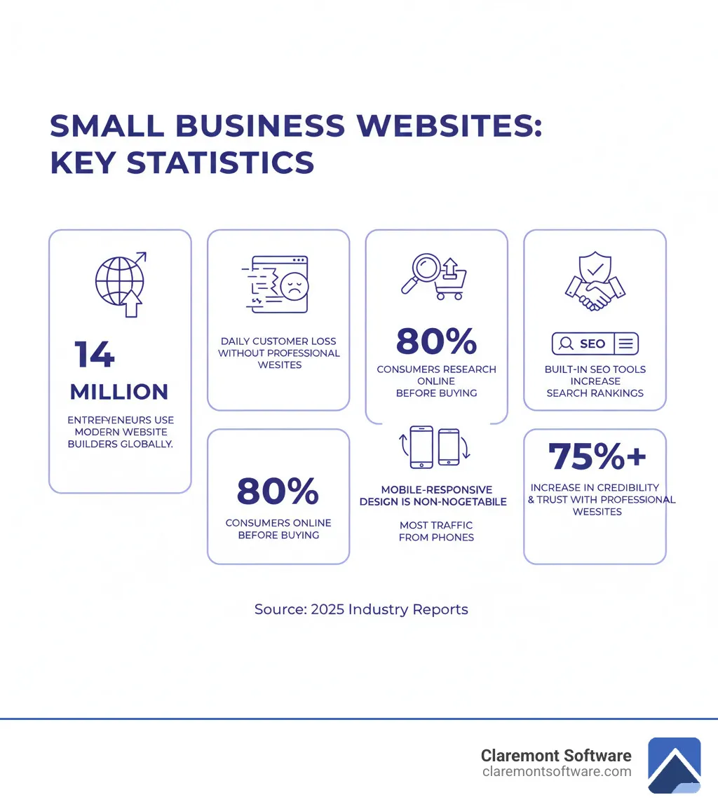 Infographic showing key statistics: 14 million entrepreneurs use modern website builders worldwide, businesses lose customers daily without professional websites, 80% of consumers research online before buying, websites with built-in SEO tools rank higher in search results, mobile-responsive design is non-negotiable as most traffic comes from phones, and professional websites increase credibility and trust by over 75% - Website solutions for small business infographic 