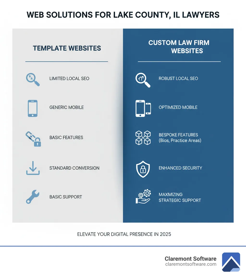 infographic comparing template websites versus custom-built law firm websites showing differences in local SEO capabilities, mobile optimization, custom features like attorney bios and practice area pages, security compliance, conversion optimization, and ongoing support - custom websites for lawyers in lake county, IL infographic 