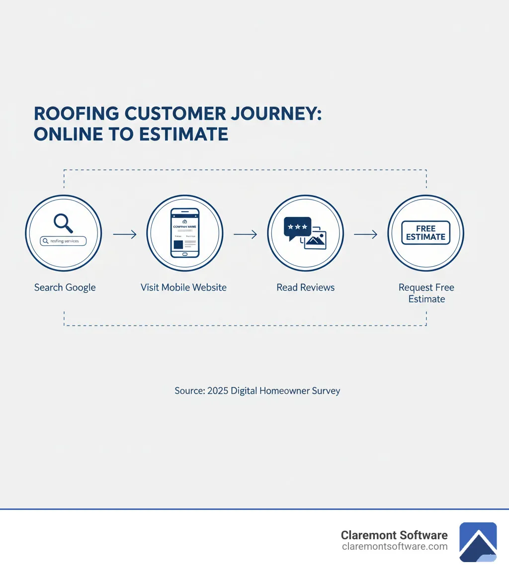 infographic showing the customer journey from searching for roofing services on Google, to visiting a company website on mobile, reading reviews, viewing project photos, and finally clicking to request a free estimate - roofing company website design infographic 
