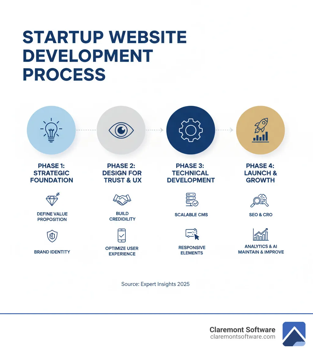 Infographic showing the startup website development process: Phase 1 - Strategic Foundation (define value proposition, target audience, brand identity), Phase 2 - Design for Trust and UX (build credibility with social proof, optimize user experience, ensure mobile-first design), Phase 3 - Technical Development (choose scalable CMS, implement responsive design, add interactive elements), Phase 4 - Launch and Growth (implement SEO and CRO, leverage analytics and AI, maintain and continuously improve) - Startup website development infographic 
