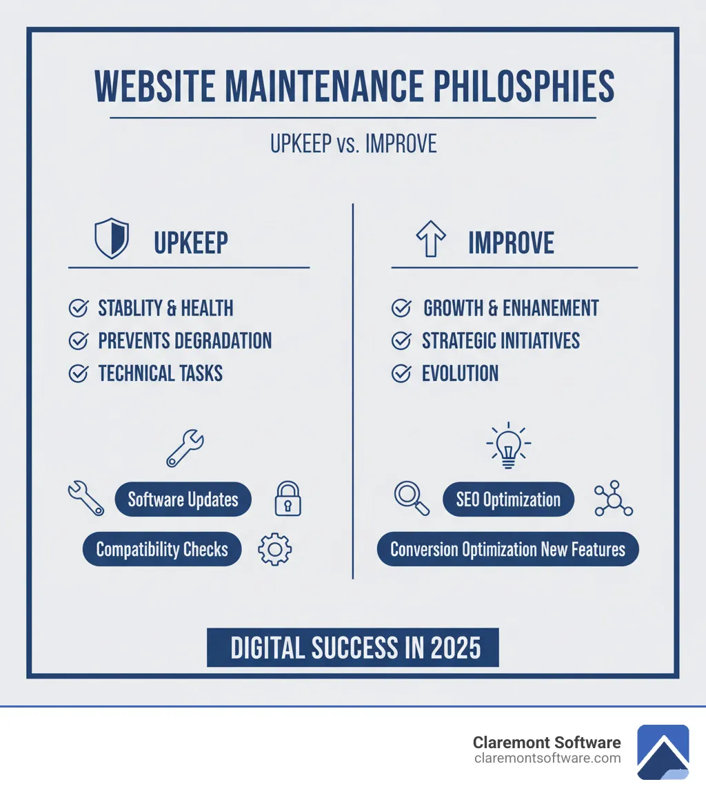 Table comparing Upkeep vs. Improve plans: Upkeep focuses on stability, health, and preventing degradation with technical tasks, while Improve focuses on growth, enhancement, and strategic initiatives like SEO and conversion optimization. - monthly website maintenance packages infographic 