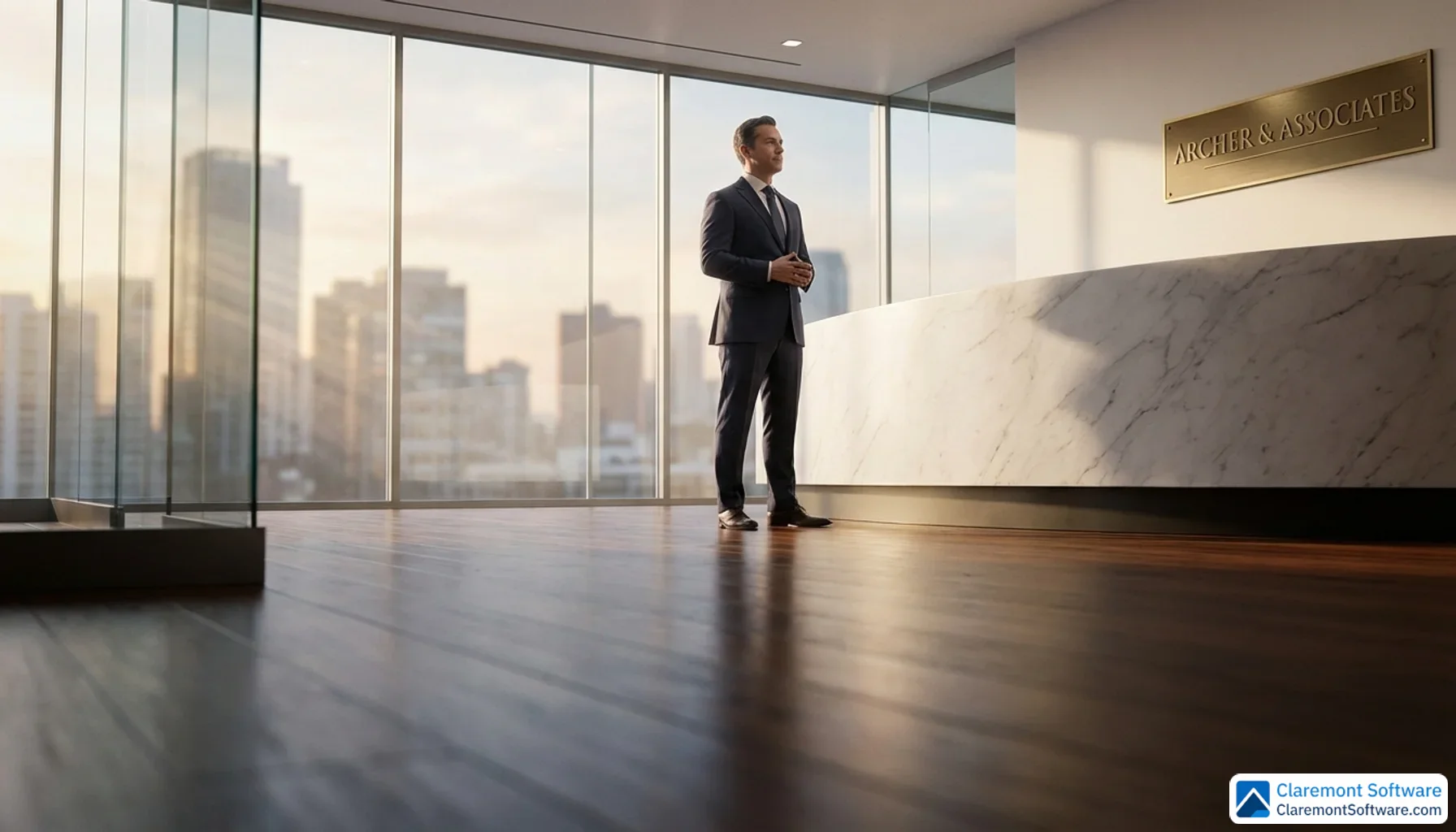 A well-dressed attorney stands confidently beside a sleek marble reception desk in a polished law firm lobby, with floor-to-ceiling windows casting soft natural light, photographed from a low angle to convey authority and professionalism.
