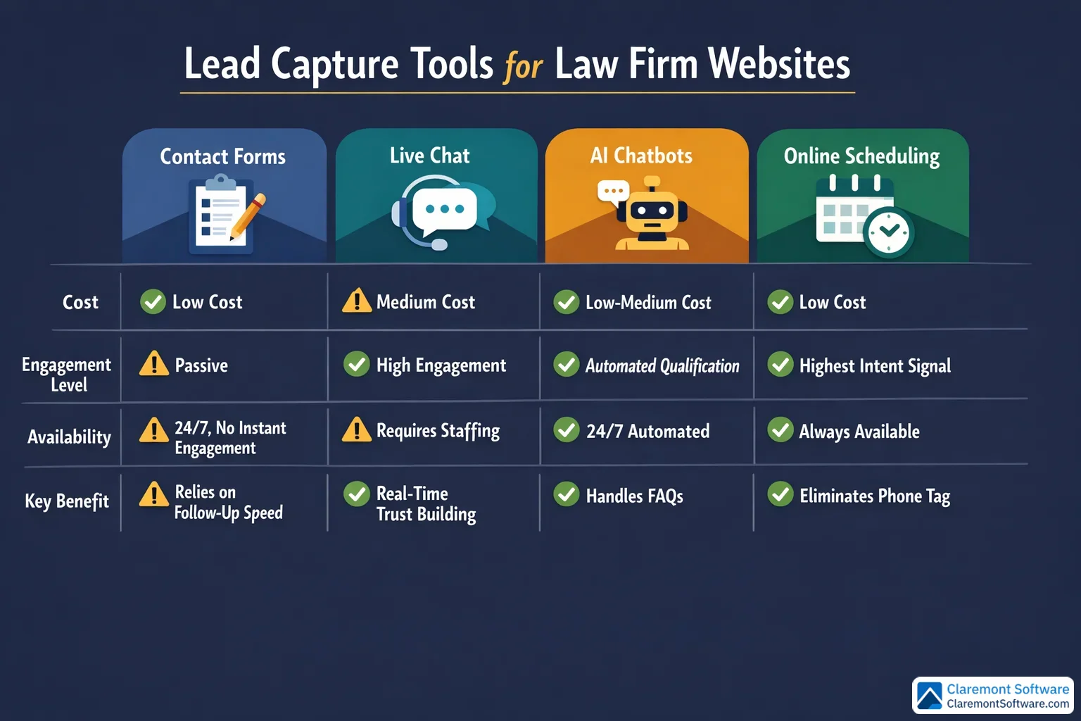 Comparison chart evaluating four lead capture tools for law firm websites—contact forms, live chat, AI chatbots, and online scheduling—highlighting their differences in availability, response time, and ability to capture leads around the clock as part of Tip 8 on integrating smart communication tools.