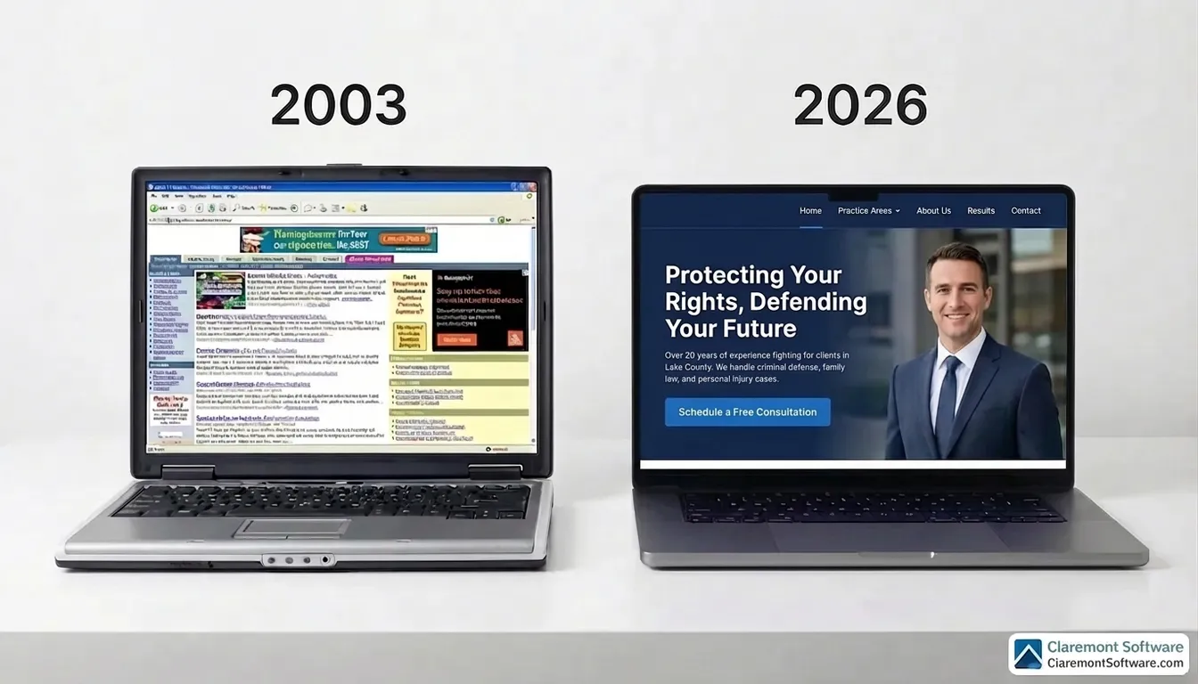 Two laptops side by side: the left shows a cluttered 2003-era website, the right shows a clean, modern 2026 law firm site with clear headline, attorney photo, and call-to-action button.