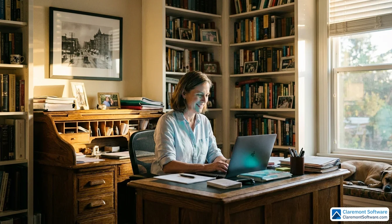 A solo attorney sits at a warm wooden desk in a cozy, well-lit office, reviewing a laptop in the soft glow of late afternoon sunlight. Floor-to-ceiling bookshelves and a framed city photograph fill the background, conveying a sense of personal character and professional depth.