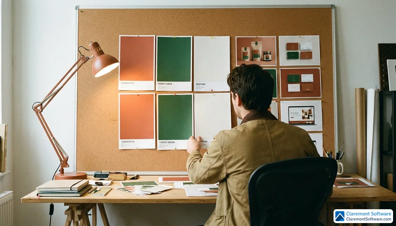 A graphic designer sits at a wide wooden desk, viewed from slightly behind their shoulder, examining large printed color swatches and brand identity mockups pinned to a cork board featuring a bold palette of terracotta, forest green, and off-white. Warm lamp light fills the creative studio workspace.