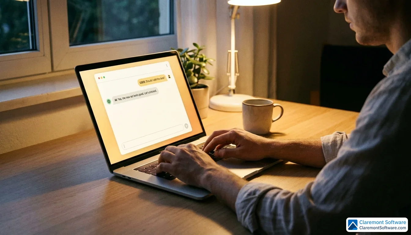 A person types on a laptop at a minimalist desk in soft evening light, with the screen displaying a clean chat interface showing an ongoing conversation, captured from a slightly elevated side angle that conveys a calm, focused work atmosphere.