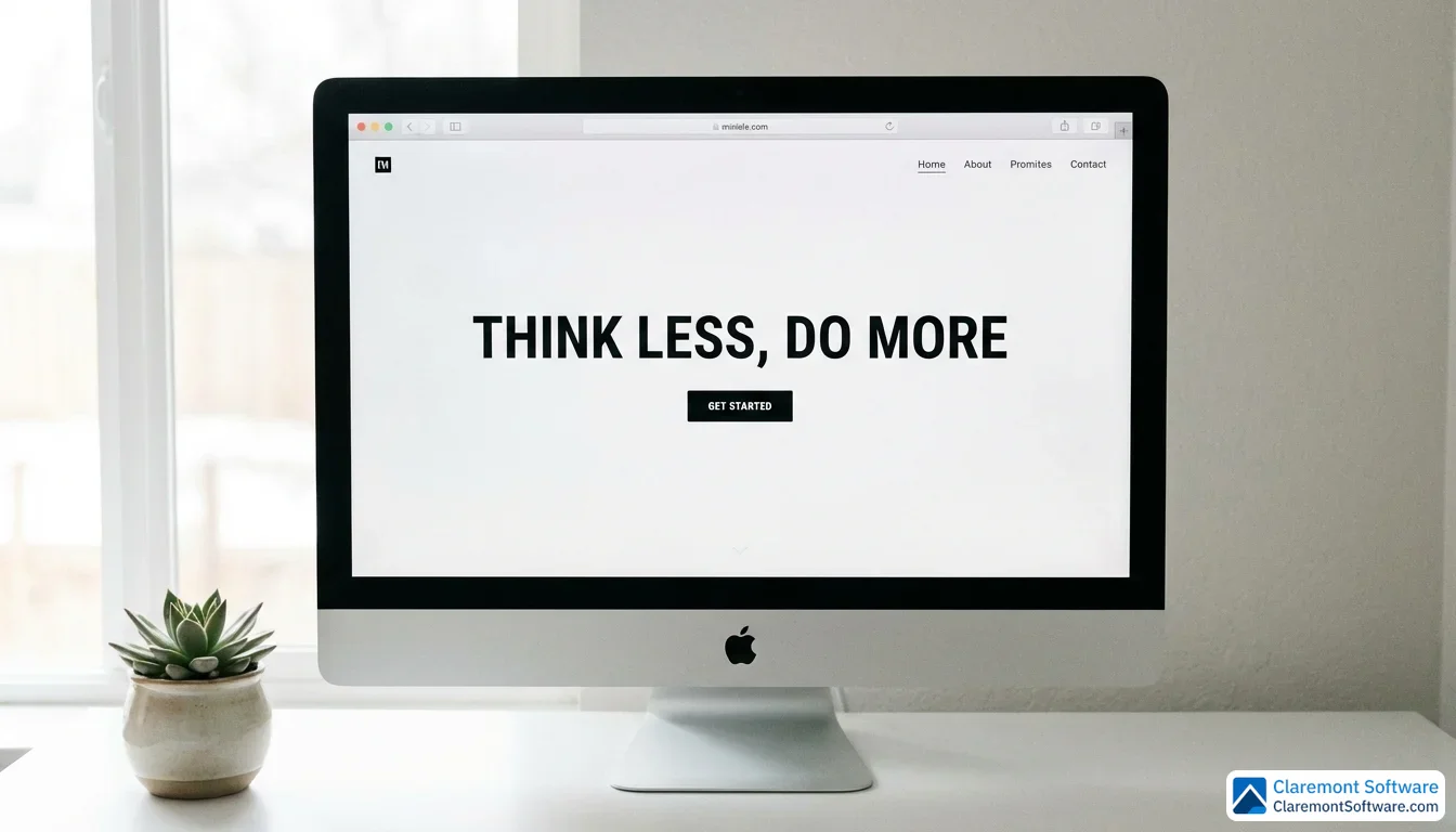A large desktop monitor on a clean white desk displays a sleek, minimal website homepage featuring a bold headline and a single prominent call-to-action button, with a small succulent plant beside it and soft natural light streaming in from the left.