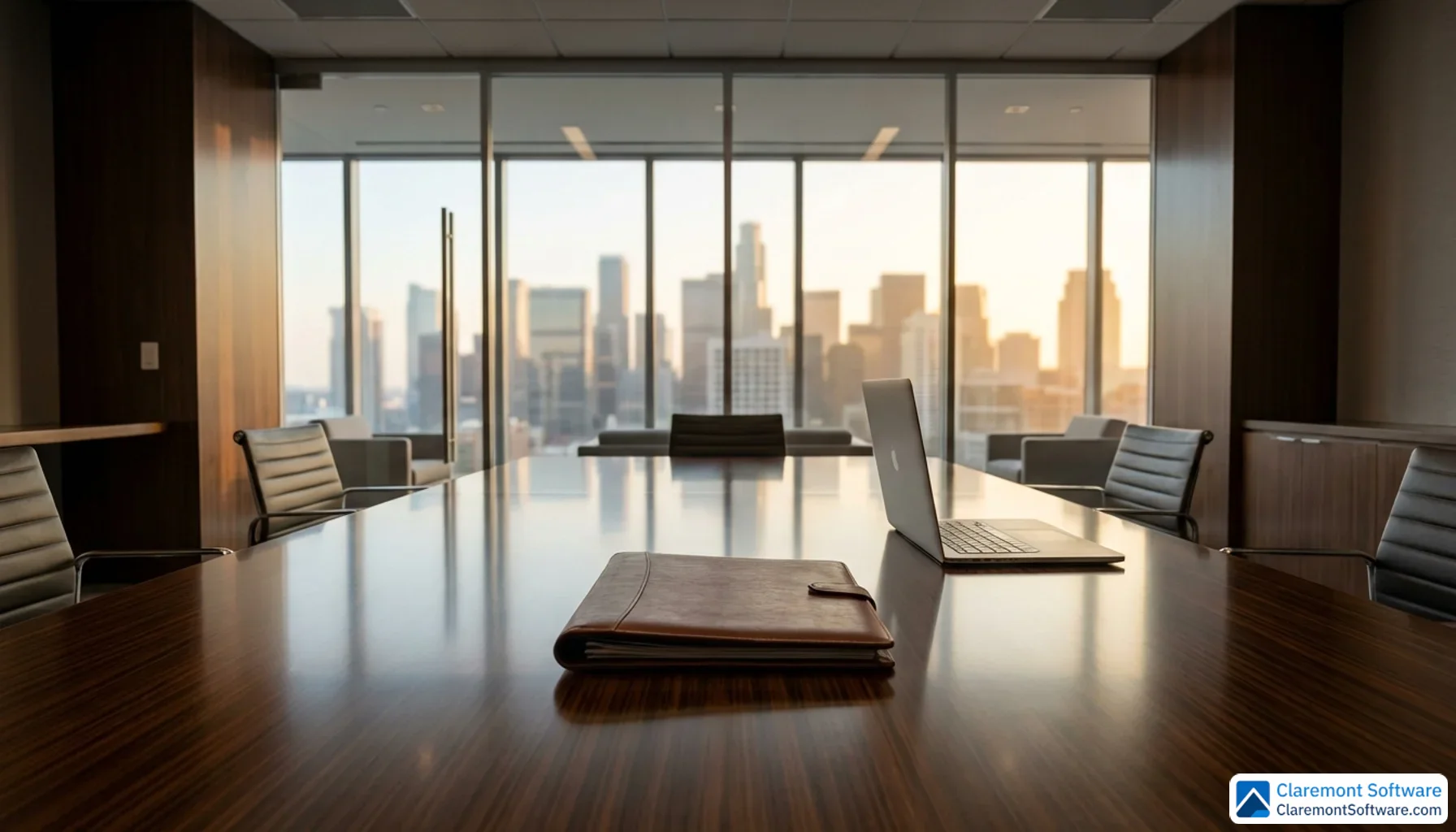 A polished wooden conference table in a modern law firm office holds a closed leather portfolio and a sleek laptop, with floor-to-ceiling windows behind revealing a city skyline bathed in soft afternoon light.