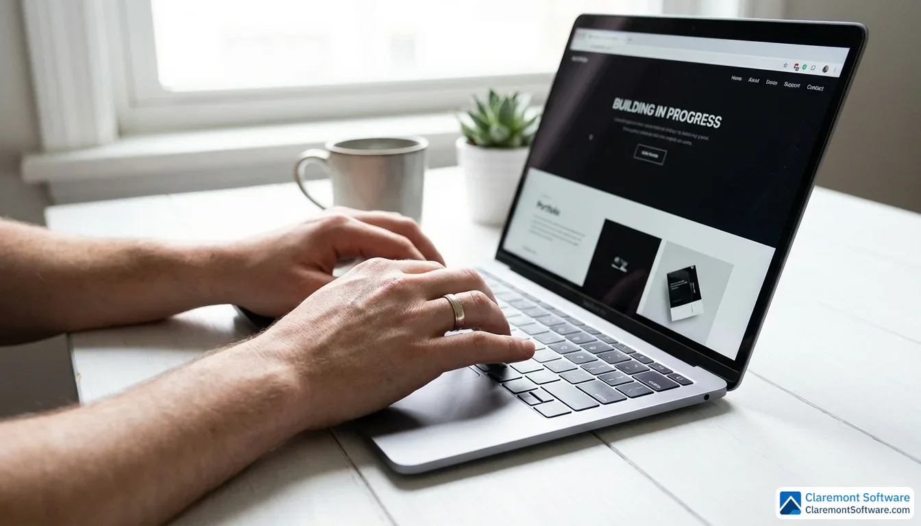 A pair of hands poised over a laptop keyboard at a clean, minimalist desk, bathed in soft natural light from the left, with the screen displaying a crisp website layout in the blurred background.
