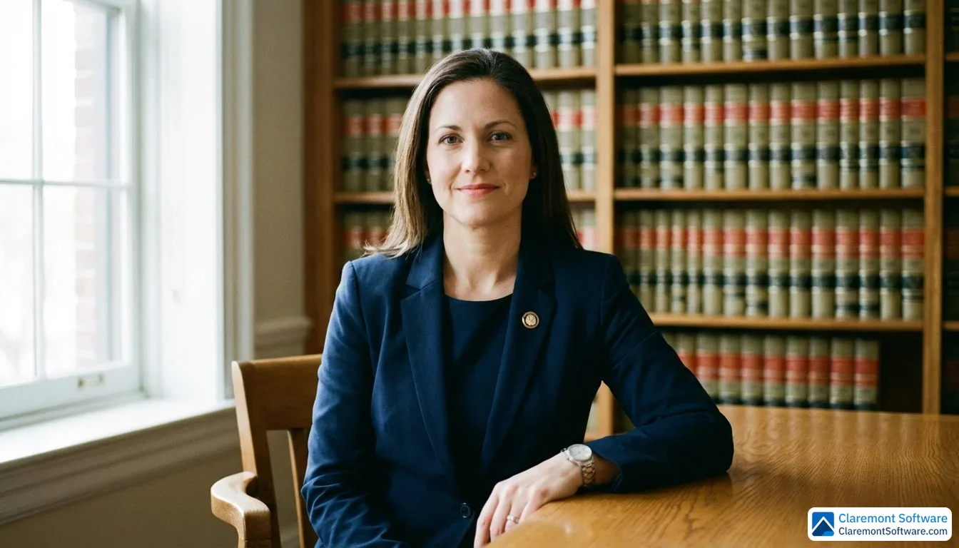 A confident attorney in a navy suit sits at a desk, looking directly at the camera with a calm and approachable expression, with softly blurred law bookshelves and natural side lighting in the background.