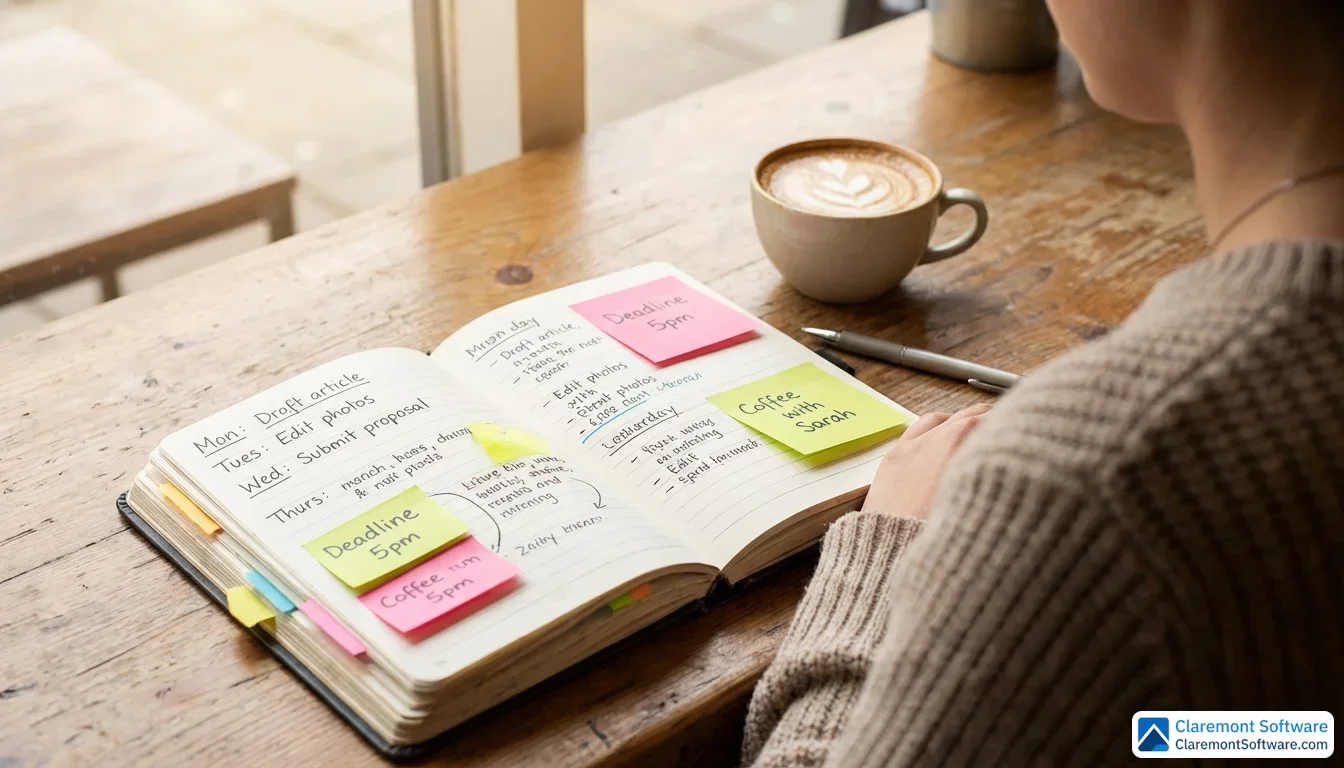 A person sits at a café table reviewing an open notebook filled with handwritten weekly plans and colorful sticky notes, with a coffee cup resting nearby in warm ambient light.