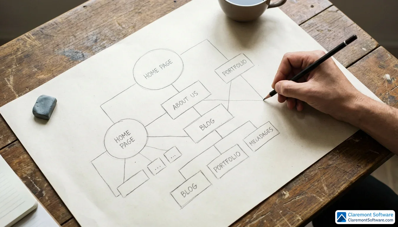 A hand holds a pen over a large sheet of paper on a wooden desk, sketching an intricate diagram of hand-drawn circles connected by lines, resembling a site map or content structure. Soft overhead lighting creates an intimate, focused atmosphere around the work in progress.