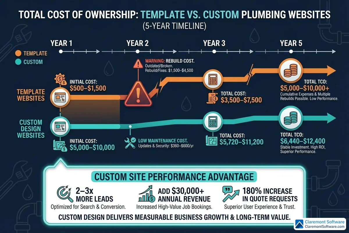 Timeline infographic comparing the total cost of ownership for template versus custom plumbing websites at 1-year, 3-year, and 5-year milestones, showing how costs accumulate over time including periodic rebuild expenses, with custom sites becoming more cost-effective long-term despite higher initial investment.