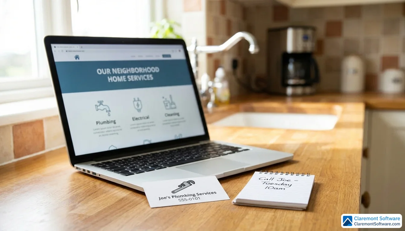 A laptop on a kitchen counter displays a home-services website alongside a plumber's business card and notepad, bathed in soft natural window light with a shallow depth of field.