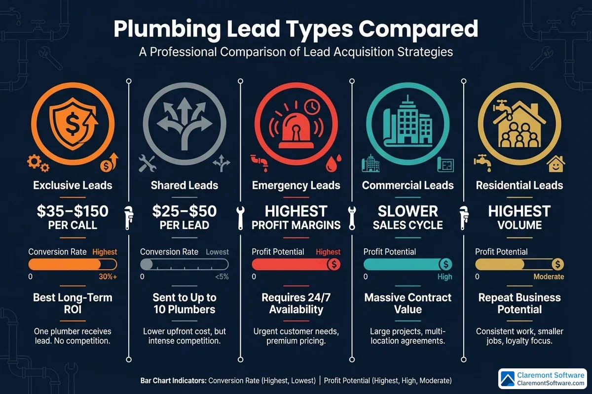 A comparison chart breaking down different plumbing lead types—such as emergency, residential, and commercial—by their average cost per lead, conversion rate, and profit potential, illustrating why targeting high-quality leads yields better returns than pursuing high volume.