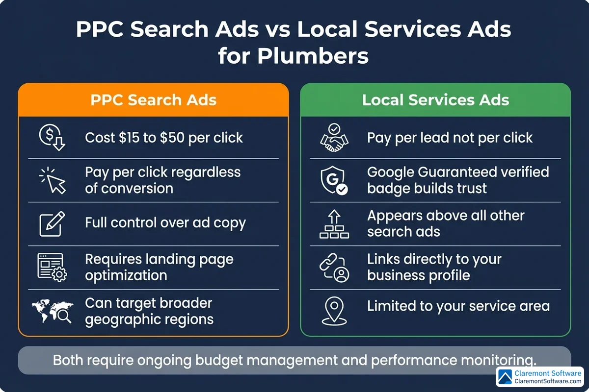 Comparison infographic showing the differences between PPC Search Ads and Local Services Ads for plumbers, highlighting key distinctions in cost structure, ad placement, targeting options, and lead generation methods side by side.