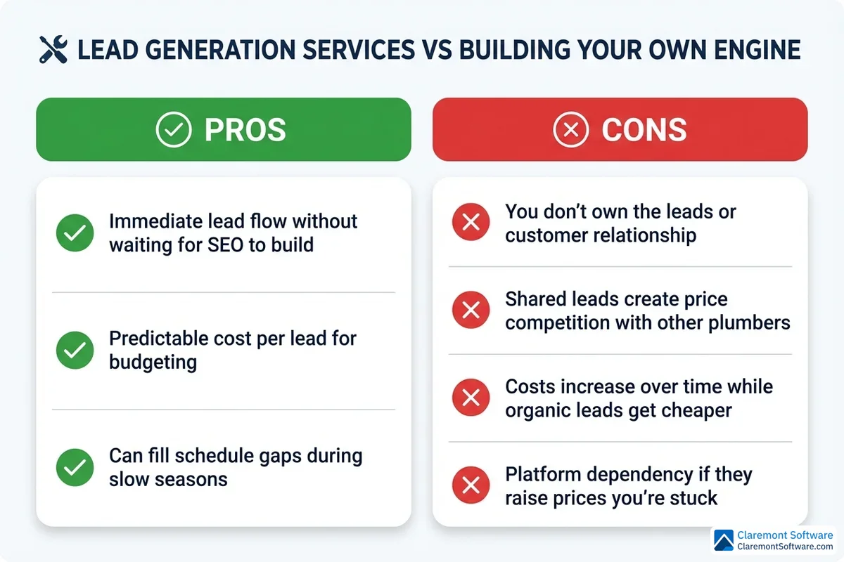 Pros and cons comparison of third-party lead generation services versus building your own lead generation engine, listing advantages like faster setup and scalable volume for buying leads, and benefits like higher quality and lower long-term cost for in-house efforts, alongside drawbacks of each approach such as lower lead quality for third-party services and slower ramp-up time for self-built systems.