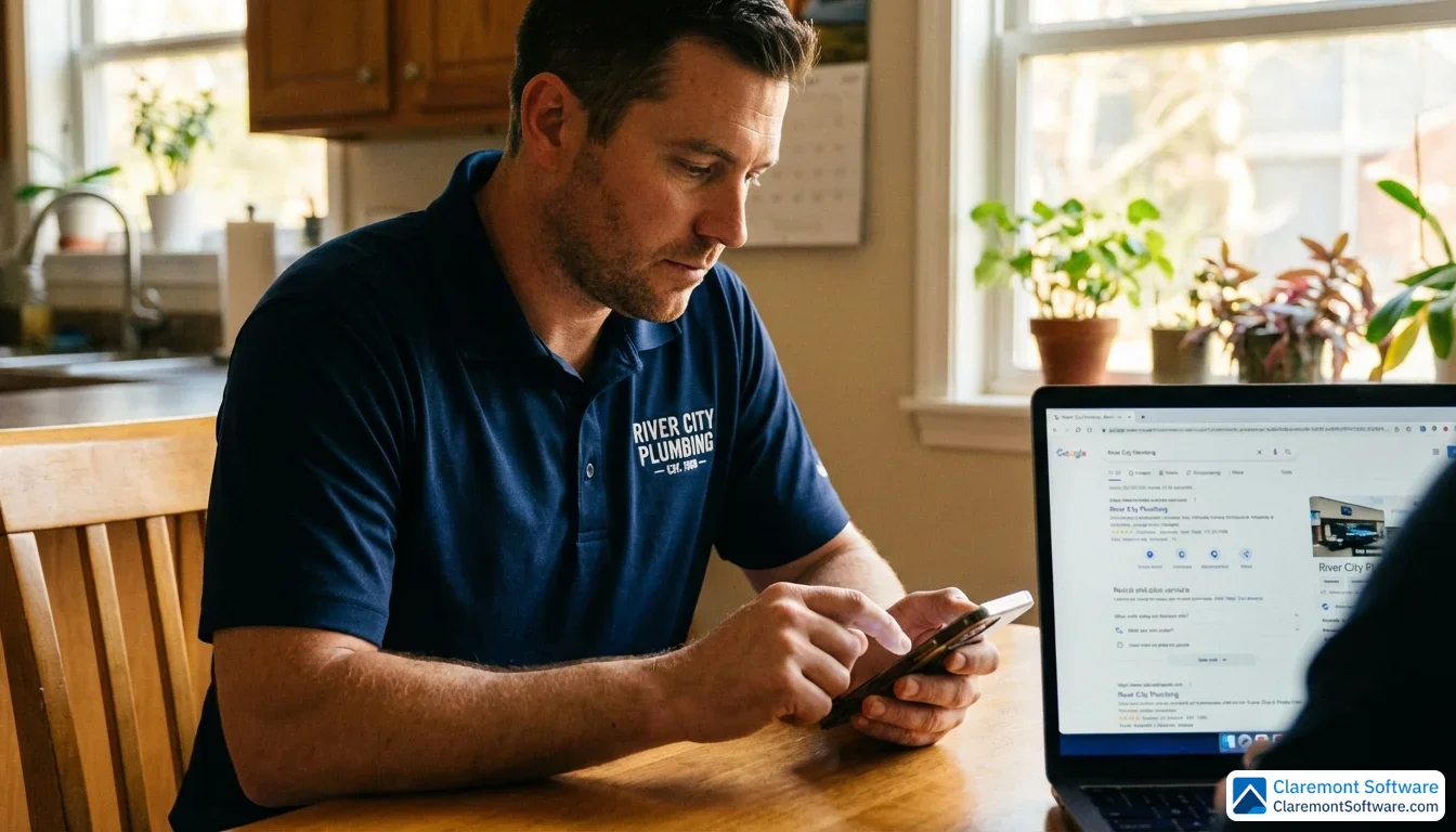 A plumber in a branded polo shirt sits at a kitchen table, focused on his smartphone while a laptop displaying a local business listing is visible over his shoulder in warm afternoon light.