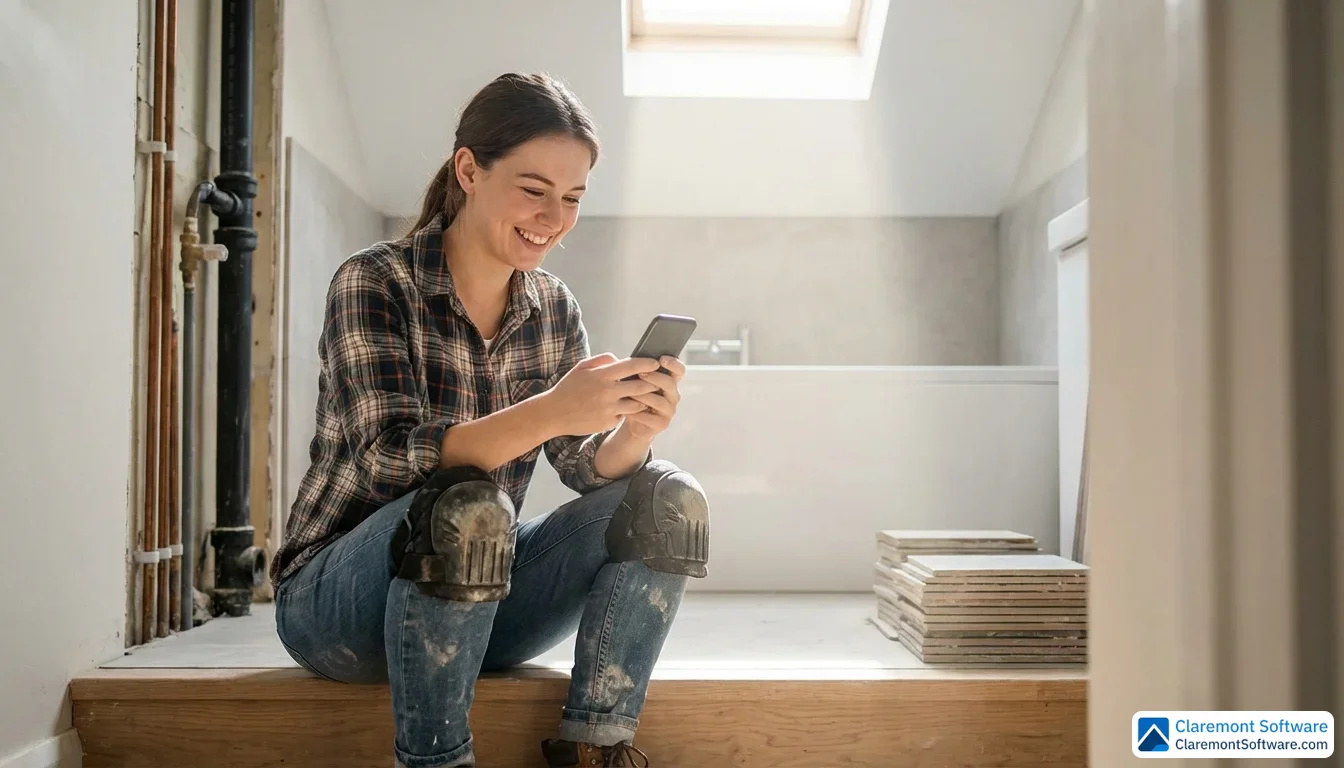 A young female plumber in a work shirt sits on a step at a renovation job site, smiling at her phone during a break, with a partially updated bathroom featuring new fixtures visible behind her in soft natural light.