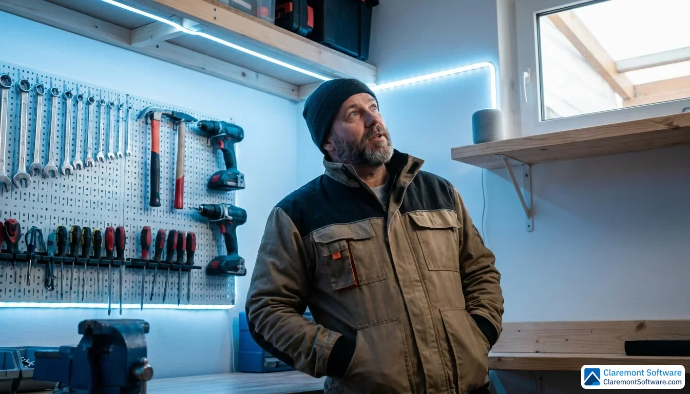 A plumber in a tidy garage workshop speaks toward a small smart speaker on a shelf, surrounded by neatly organized tools hanging on a pegboard behind him. The scene is lit with cool blue-toned ambient light, captured in a medium shot from a slightly low angle.