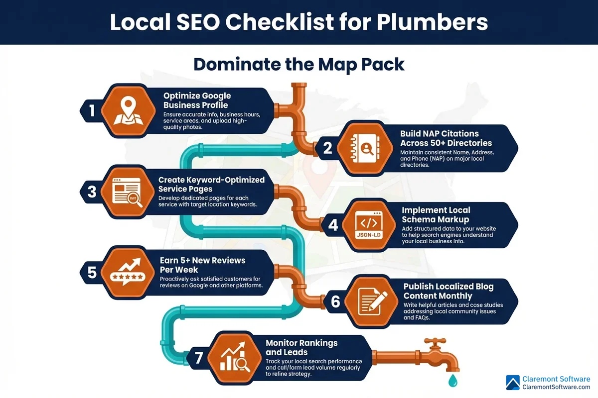 A step-by-step process infographic outlining a local SEO checklist for plumbing companies, detailing sequential actions to dominate Google's Map Pack and organic search results, from optimizing Google Business Profile to building local citations and earning customer reviews.