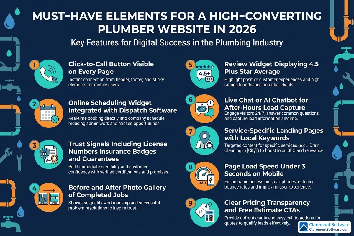 Alt text: An infographic listing must-have elements for a high-converting plumber website in 2026, covering key website design and conversion optimization strategies for plumbing companies, presented in a structured list format.