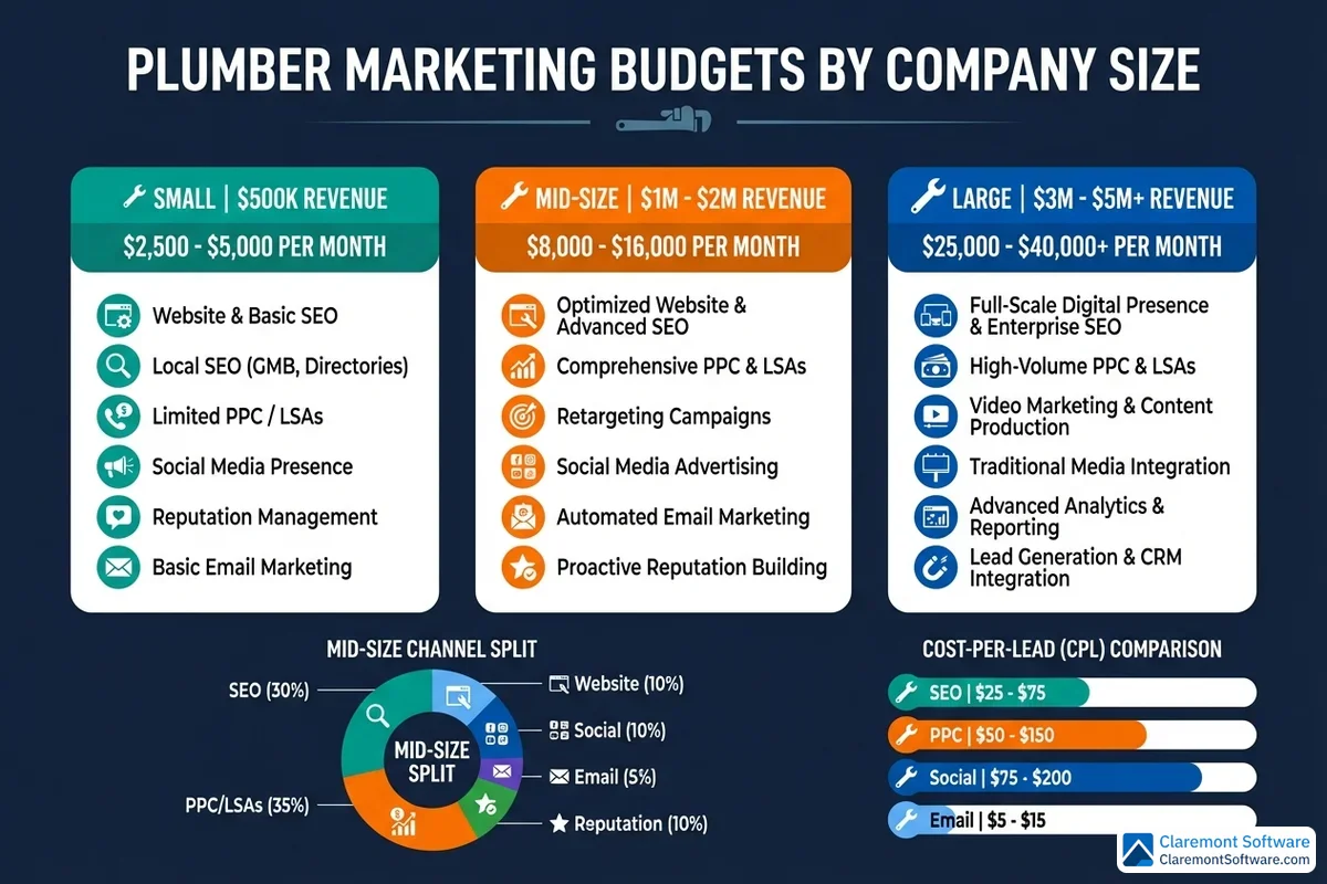 Alt text: Comparison infographic showing recommended marketing budget allocations for plumbing companies across different revenue sizes, breaking down spending percentages and dollar amounts by company size categories from small to large operations.