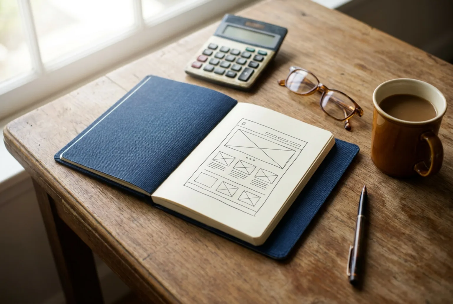 Notebook with a hand-sketched website wireframe next to a calculator and coffee — planning a website budget